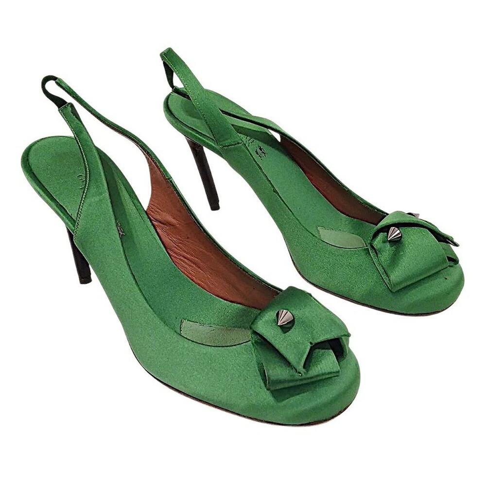 Guillaume Hinfray Satin Slingback Pumps 41 Green Bow Studs Wedding Prom Formal